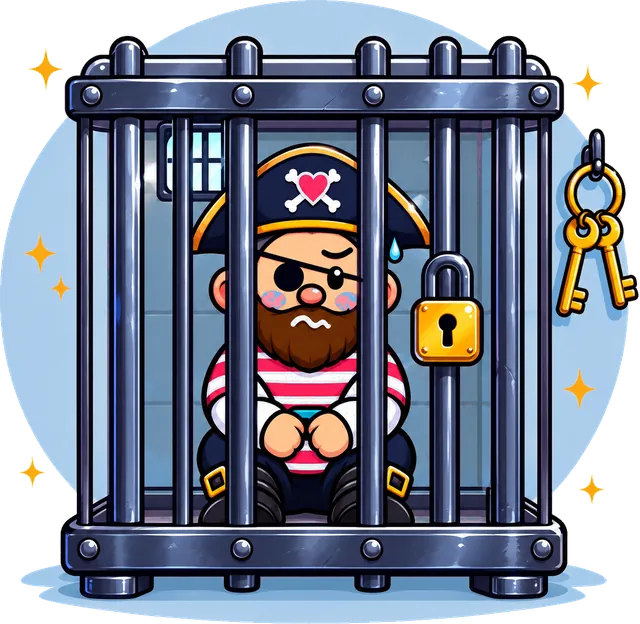 A cartoon pirate sulking behind the bars of a ship's brig, with the keys hanging out of reach