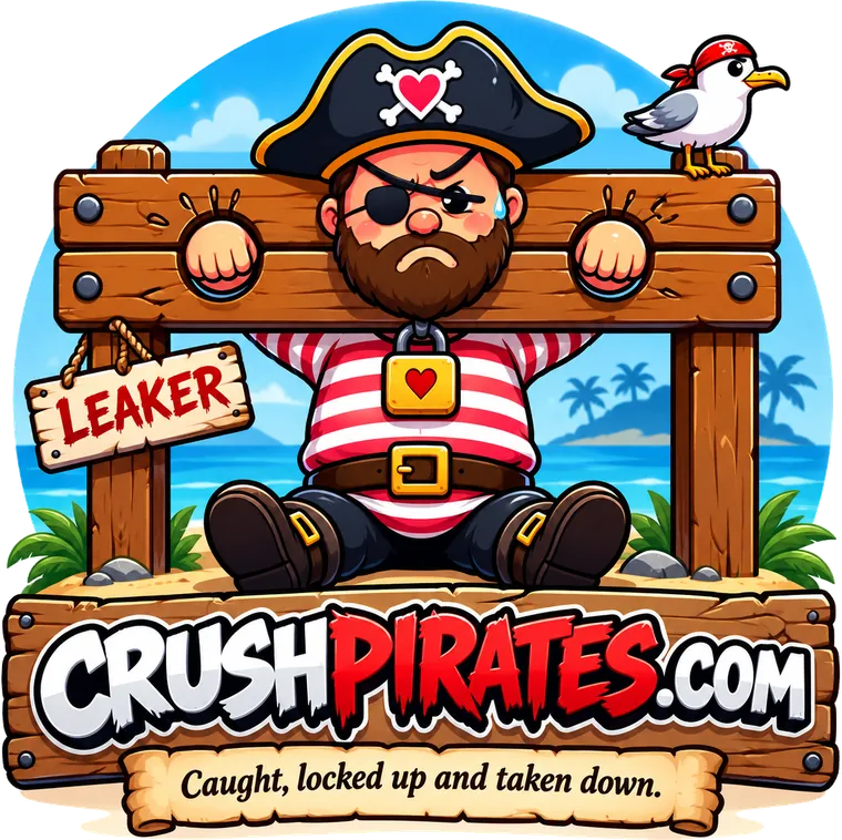 A grumpy cartoon pirate locked in wooden stocks under a LEAKER sign, while a seagull looks on
